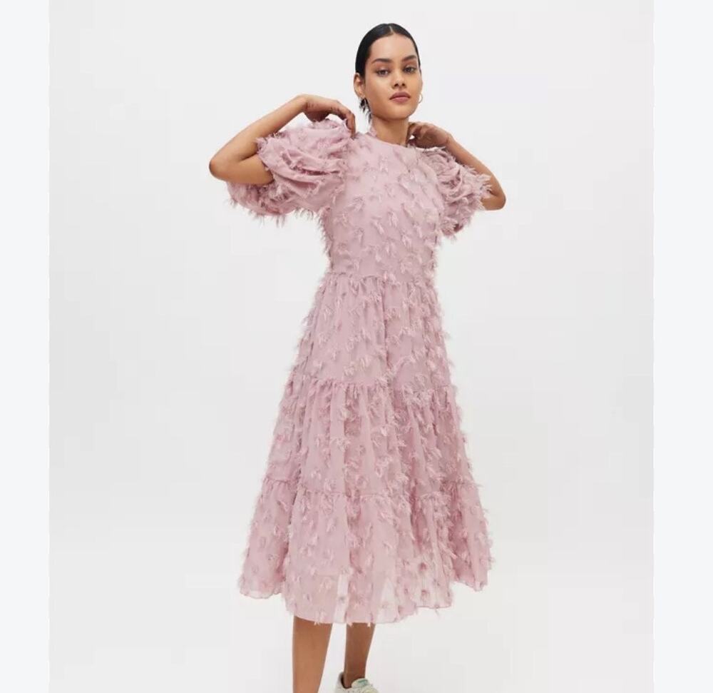 Sister Jane Size XS Oak Leaf Midi Dress Dusty Pink Textured Tiered Puff Sleeves